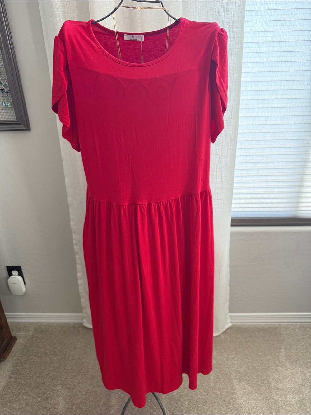 Red Short Sleeve Midi Dress - Women